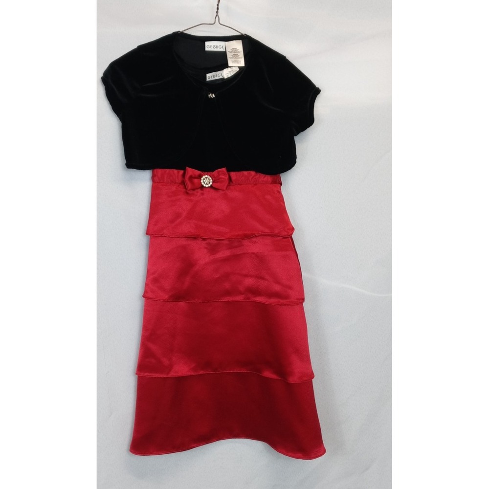 George Girls Dress Sz 8 Red Satin Black Velvet Bolero Holiday Christmas Party